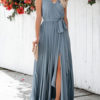 Sleeveless Blue V Neck Split Maxi Dress - Image 3