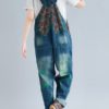 Casual Print Floral Pockets Sleeveless Overall Denim Jumpsuit - Image 2