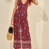 Ethnic Floral Print V-neck Long Sleeveless Casual Strap Jumpsuit