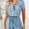 Knotted Hollow Short Sleeve Casual Lace Up Romper