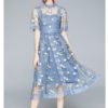 Tulle Mesh Lace Dress Flare Short Sleeve Embroidery Flower Midi Vestido