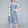 Tulle Mesh Lace Dress Flare Short Sleeve Embroidery Flower Midi Vestido - Image 2