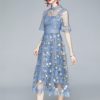 Tulle Mesh Lace Dress Flare Short Sleeve Embroidery Flower Midi Vestido - Image 5