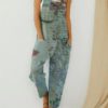 Vintage Portrait Print Sleeveless Pockets Button Jumpsuit