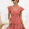 Youthful V Neck Dot Printed Ruffle Short Dresses