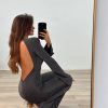 Deep V-neck Elegant Glitter Bright Silk Backless Long Sleeve Jumpsuit - Image 12