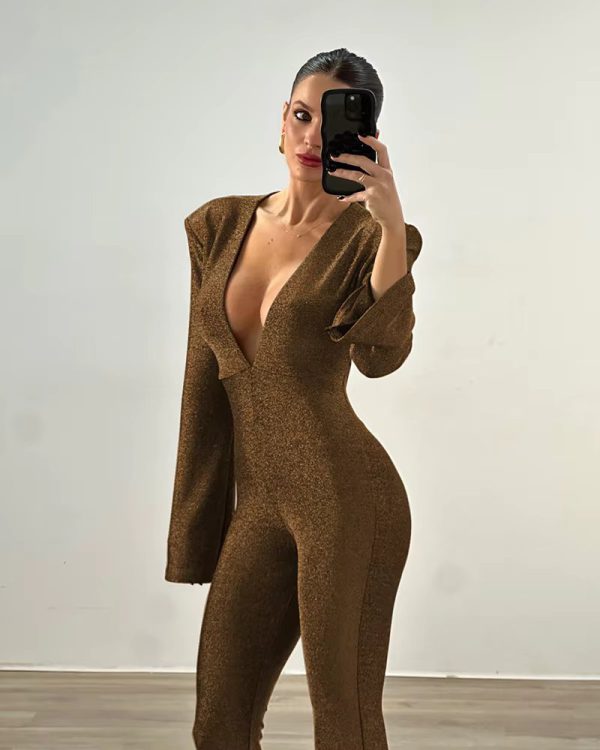 Deep V-neck Elegant Glitter Bright Silk Backless Long Sleeve Jumpsuit - Image 6