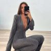 Deep V-neck Elegant Glitter Bright Silk Backless Long Sleeve Jumpsuit - Image 7