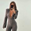 Deep V-neck Elegant Glitter Bright Silk Backless Long Sleeve Jumpsuit - Image 8