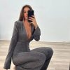 Deep V-neck Elegant Glitter Bright Silk Backless Long Sleeve Jumpsuit - Image 10