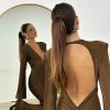 Deep V-neck Elegant Glitter Bright Silk Backless Long Sleeve Jumpsuit - Image 11