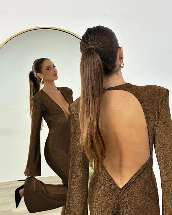 Deep V-neck Elegant Glitter Bright Silk Backless Long Sleeve Jumpsuit - Image 11