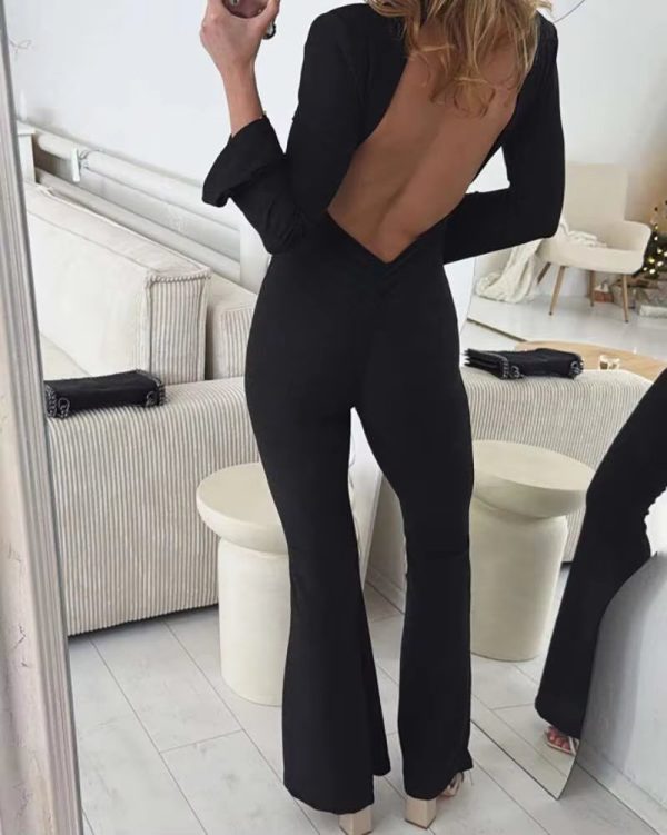 Deep V-neck Elegant Glitter Bright Silk Backless Long Sleeve Jumpsuit - Image 14