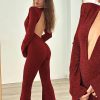 Deep V-neck Elegant Glitter Bright Silk Backless Long Sleeve Jumpsuit - Image 15