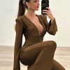 Deep V-neck Elegant Glitter Bright Silk Backless Long Sleeve Jumpsuit - Image 16