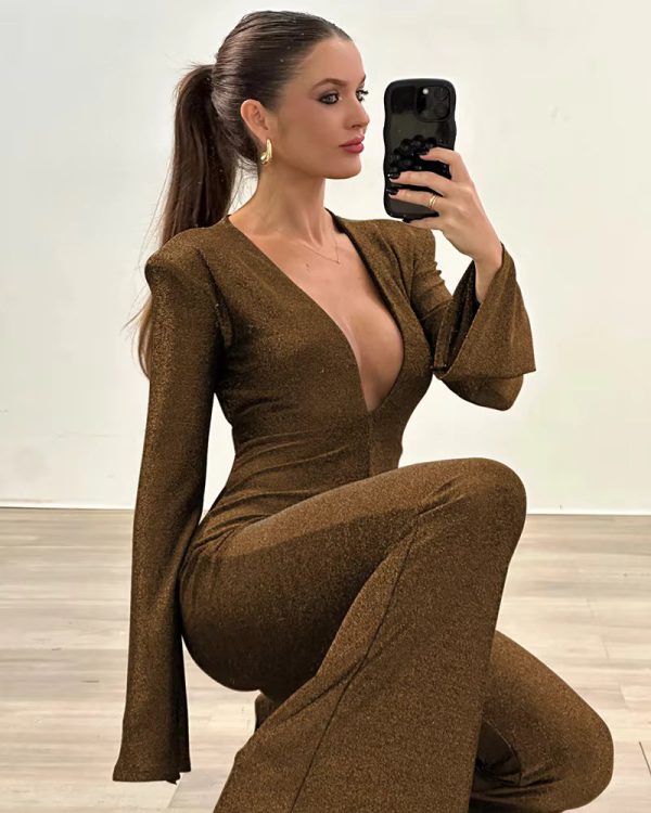 Deep V-neck Elegant Glitter Bright Silk Backless Long Sleeve Jumpsuit - Image 16