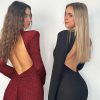 Deep V-neck Elegant Glitter Bright Silk Backless Long Sleeve Jumpsuit - Image 4
