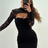 Elegant Flare Sleeve A-line Turtleneck Fashion Hollow Out Lace Dress