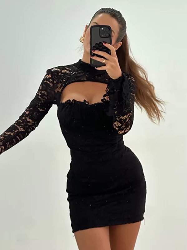 Elegant Flare Sleeve A-line Turtleneck Fashion Hollow Out Lace Dress