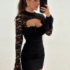 Elegant Flare Sleeve A-line Turtleneck Fashion Hollow Out Lace Dress - Image 4