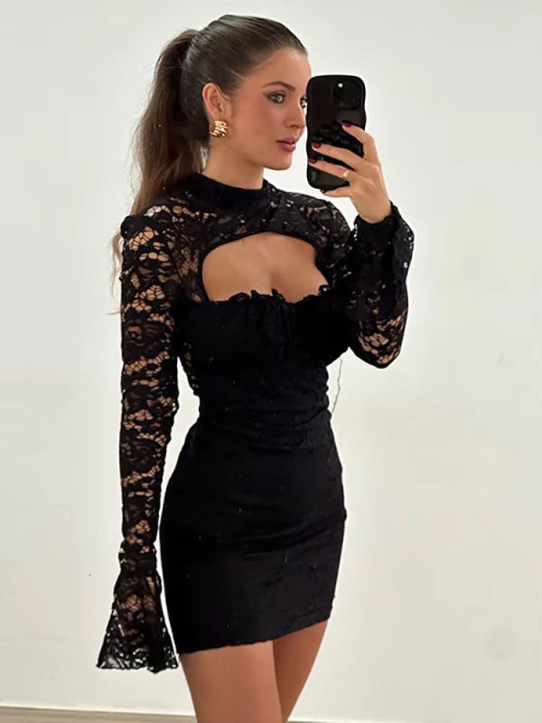 Elegant Flare Sleeve A-line Turtleneck Fashion Hollow Out Lace Dress - Image 4