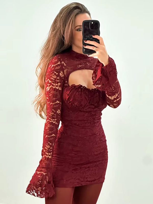 Elegant Flare Sleeve A-line Turtleneck Fashion Hollow Out Lace Dress - Image 5