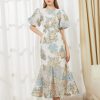 Elegant Floral Fashion Organza Fishtail Puff Sleeve Long Maxi Dress