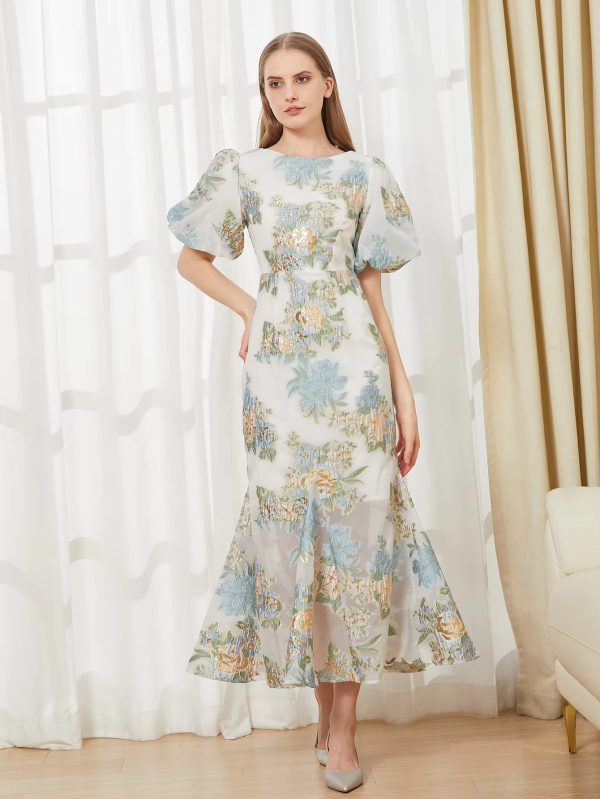 Elegant Floral Fashion Organza Fishtail Puff Sleeve Long Maxi Dress