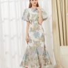 Elegant Floral Fashion Organza Fishtail Puff Sleeve Long Maxi Dress - Image 2