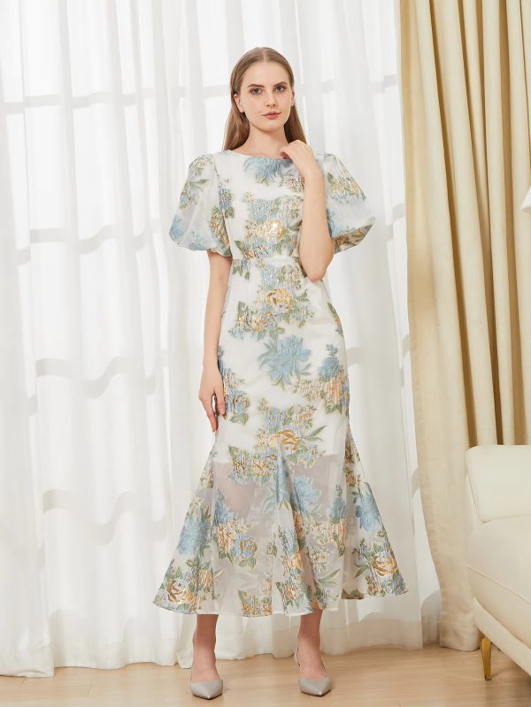 Elegant Floral Fashion Organza Fishtail Puff Sleeve Long Maxi Dress - Image 2