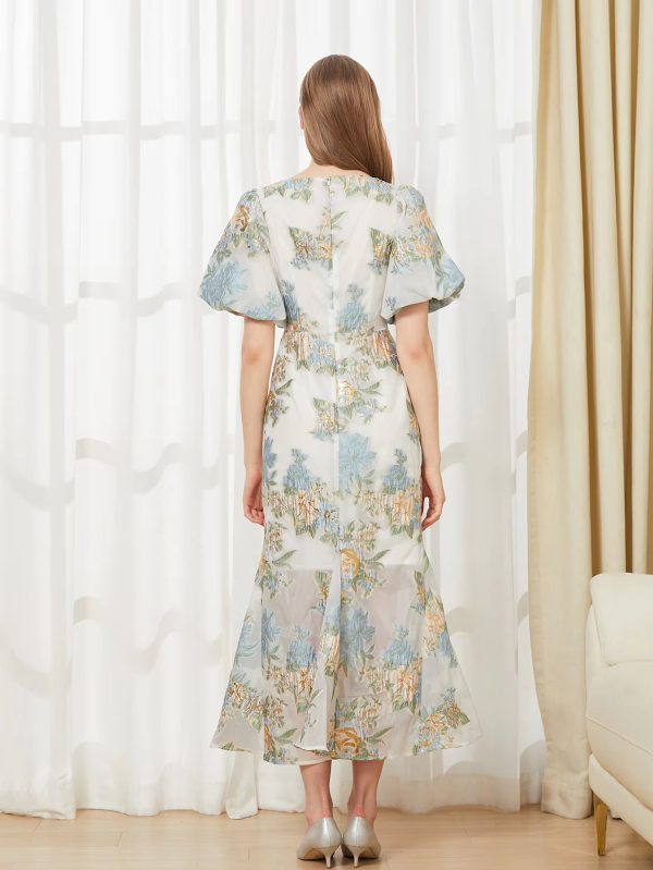 Elegant Floral Fashion Organza Fishtail Puff Sleeve Long Maxi Dress - Image 4