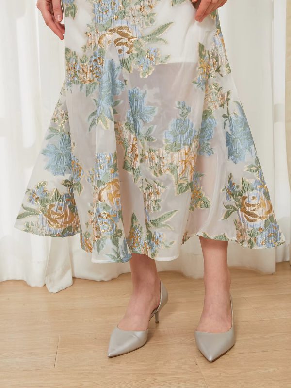 Elegant Floral Fashion Organza Fishtail Puff Sleeve Long Maxi Dress - Image 5