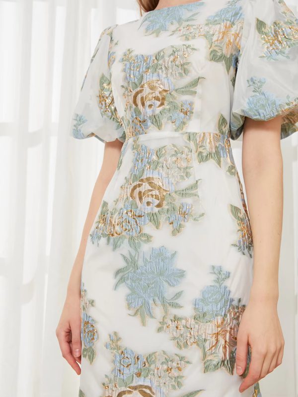 Elegant Floral Fashion Organza Fishtail Puff Sleeve Long Maxi Dress - Image 6