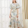Elegant Floral Fashion Organza Fishtail Puff Sleeve Long Maxi Dress - Image 7