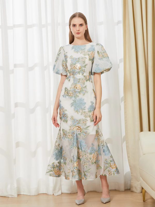 Elegant Floral Fashion Organza Fishtail Puff Sleeve Long Maxi Dress - Image 7