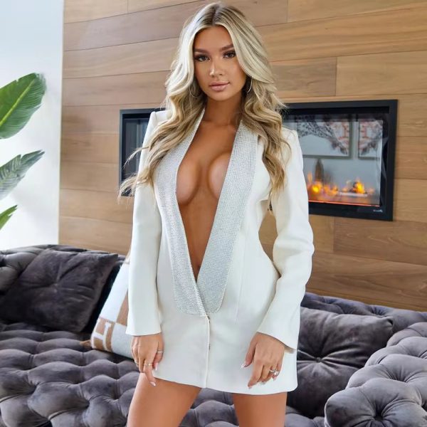 Sequin Glitter Fashion Deep V-Neck Pattern Backless Blazer Dress - Image 9