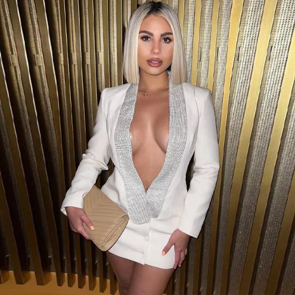 Sequin Glitter Fashion Deep V-Neck Pattern Backless Blazer Dress - Image 5