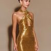 Shiny Sequin Flower Fashion Halter Neck Gold Glitter Sleeveless Backless Bodycon Dresses