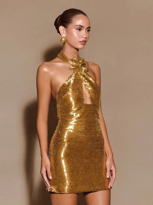 Shiny Sequin Flower Fashion Halter Neck Gold Glitter Sleeveless Backless Bodycon Dresses