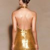 Shiny Sequin Flower Fashion Halter Neck Gold Glitter Sleeveless Backless Bodycon Dresses - Image 2