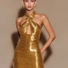Shiny Sequin Flower Fashion Halter Neck Gold Glitter Sleeveless Backless Bodycon Dresses - Image 3