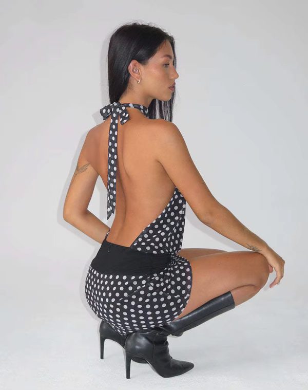 Elegant Polka Dot Halter Backless Patchwork Sleeveless Slim Mini Dress - Image 4