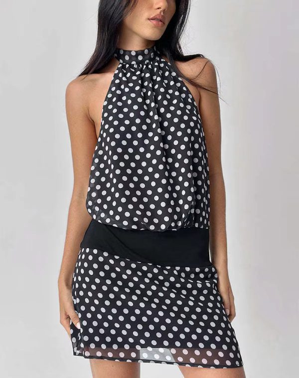 Elegant Polka Dot Halter Backless Patchwork Sleeveless Slim Mini Dress - Image 5