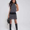 Elegant Polka Dot Halter Backless Patchwork Sleeveless Slim Mini Dress