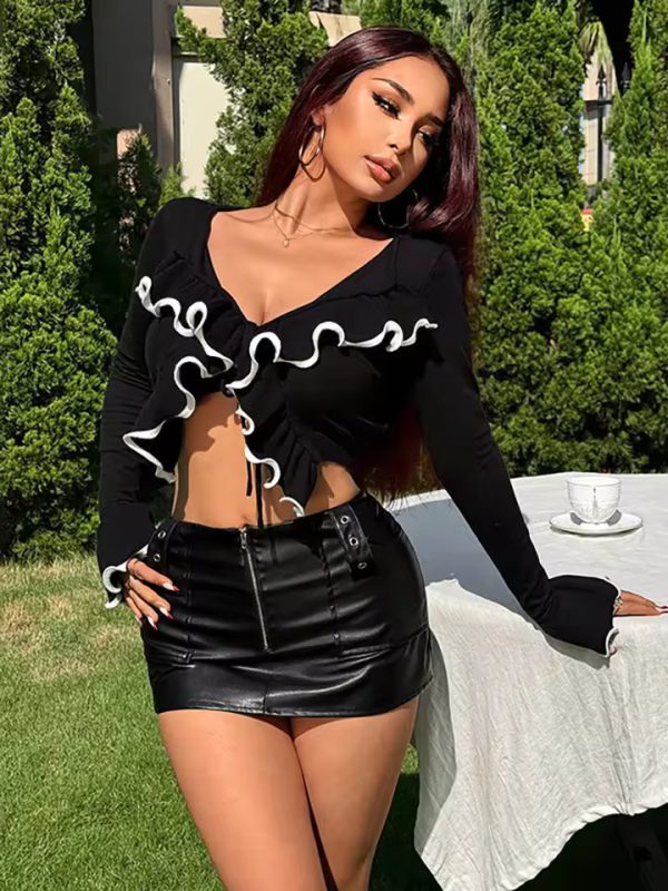 Elegant V-neck Ruffles Patchwork Long Sleeve Lace Up Short Tops