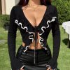 Elegant V-neck Ruffles Patchwork Long Sleeve Lace Up Short Tops - Image 2