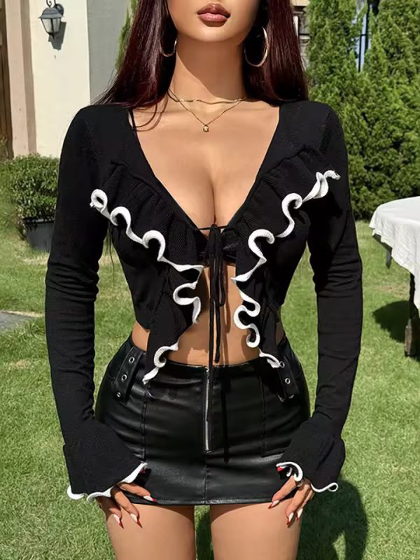 Elegant V-neck Ruffles Patchwork Long Sleeve Lace Up Short Tops - Image 2