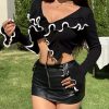 Elegant V-neck Ruffles Patchwork Long Sleeve Lace Up Short Tops - Image 3