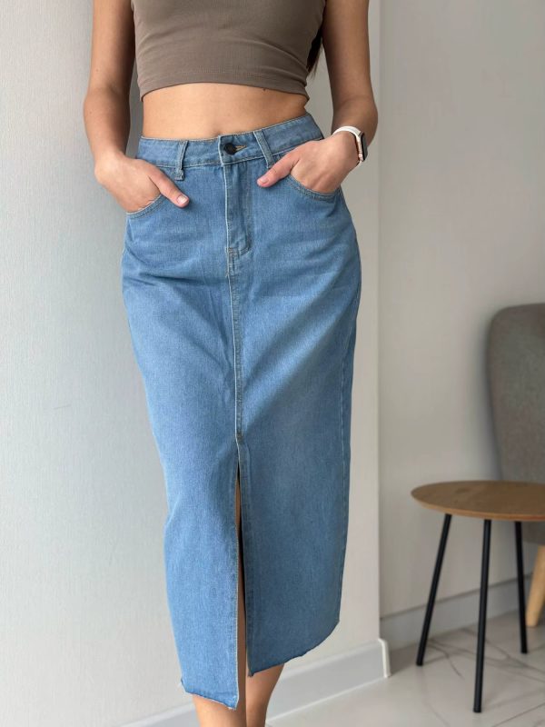 High Waist A Line Fashion Maxi Denim Jeans Long Skirt With Slit - Image 15