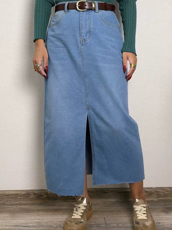 High Waist A Line Fashion Maxi Denim Jeans Long Skirt With Slit - Image 8